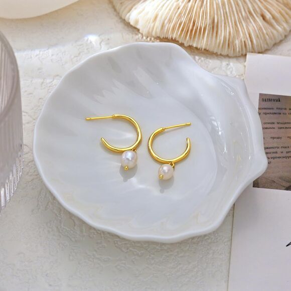 Pearl Dangle Earrings14K Gold Plated Pearl Drop Hoop Huggie Dangling Earrings - Picture 3 of 6